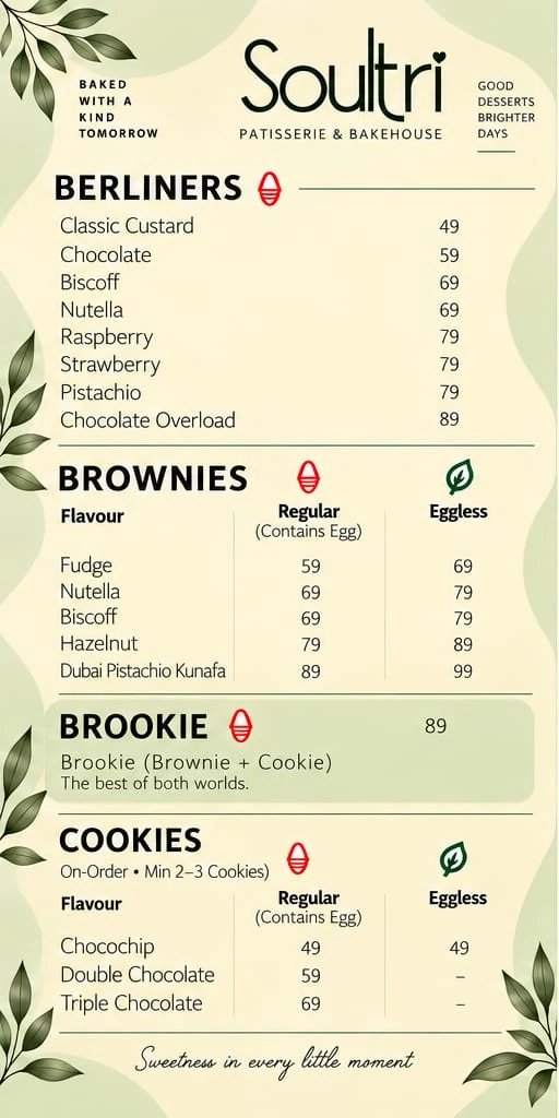 Menu page 1: berliners, brownies, brookie and cookies with prices