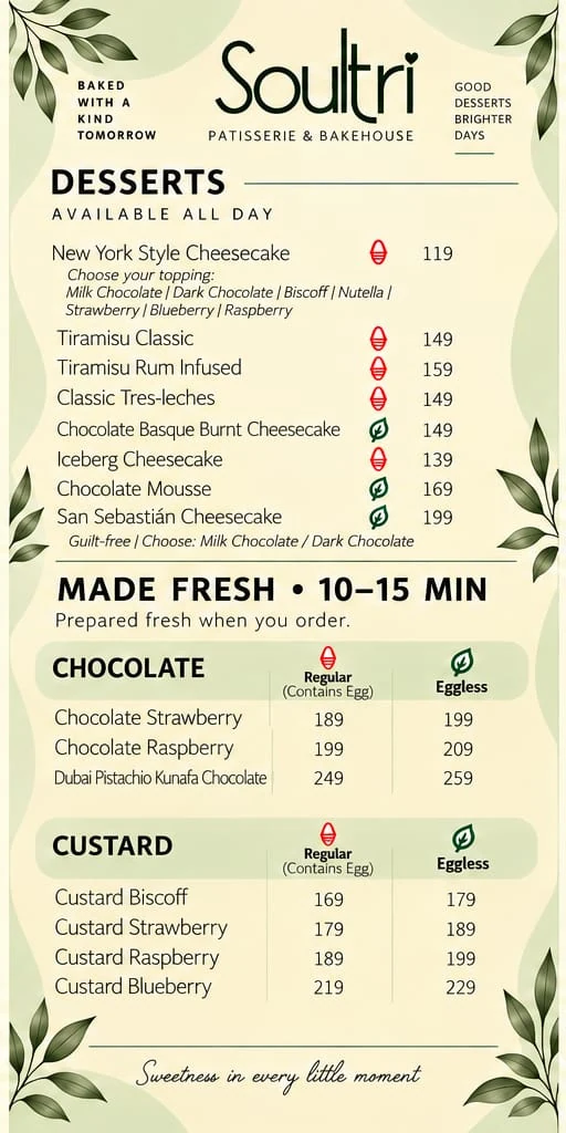Menu page 2: cheesecakes, tiramisu, tres leches, chocolate and custard desserts with prices