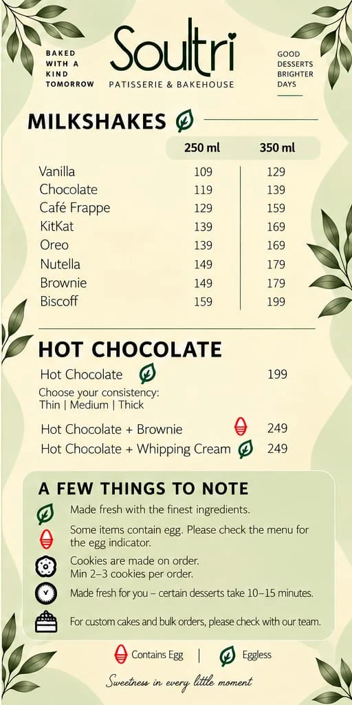 Menu page 3: milkshakes and hot chocolate with prices